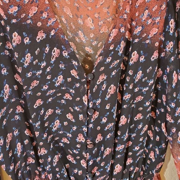 BCBGeneration Long Sleeve V Neck Floral Ombre Semi-Sheer Fall Button Up Romper - Picture 6 of 10